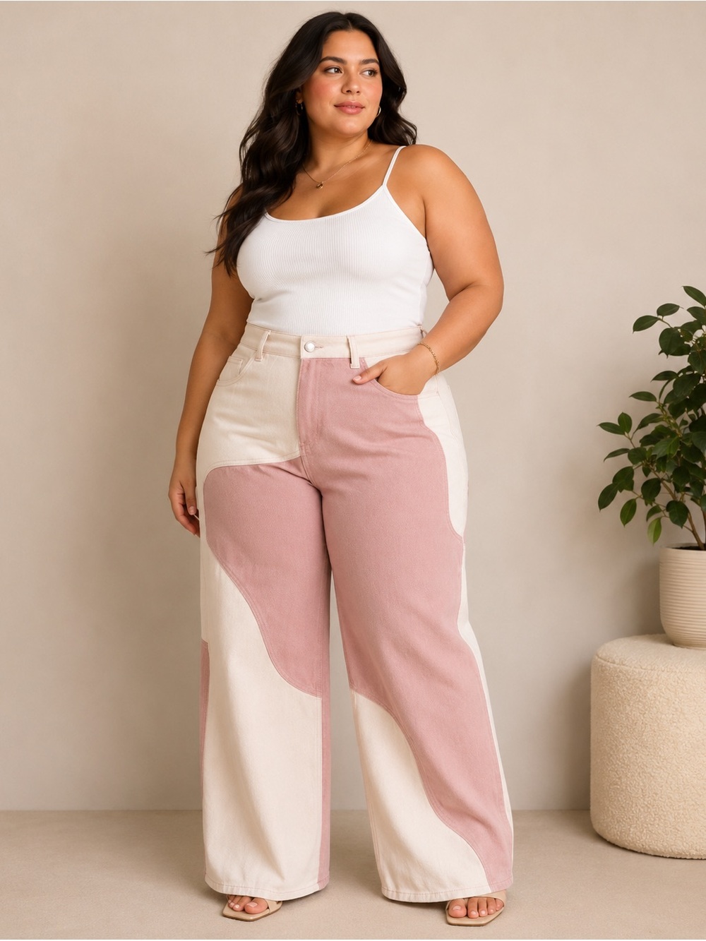 Cider Two-Tone Pink and Cream Wide Leg Jeans